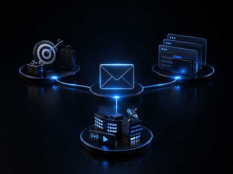 Advertiser, agency, and publisher platforms connected through a dedicated email campaign workflow.