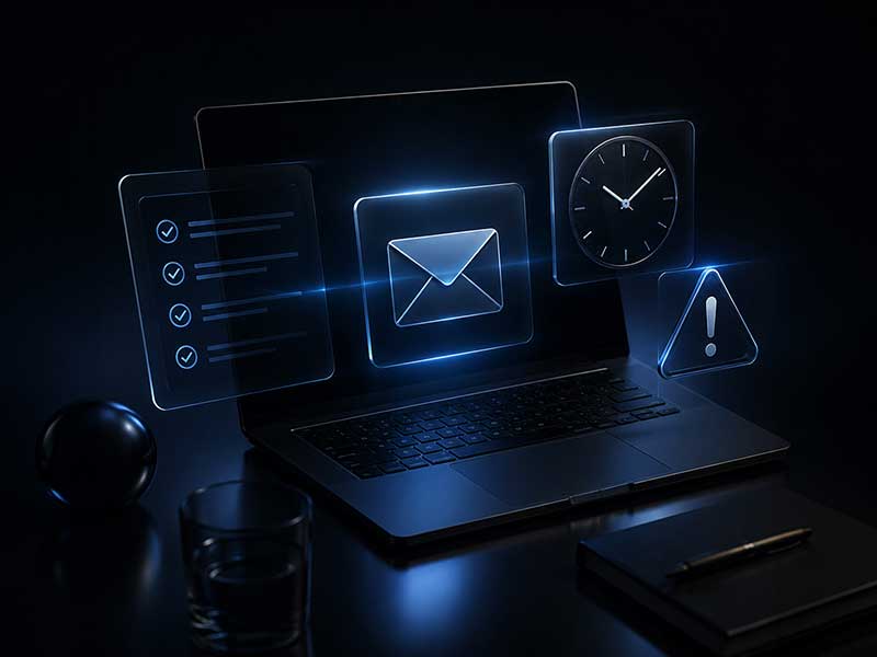 Laptop with email, checklist, clock, and warning icons representing a dedicated email creative deadline.