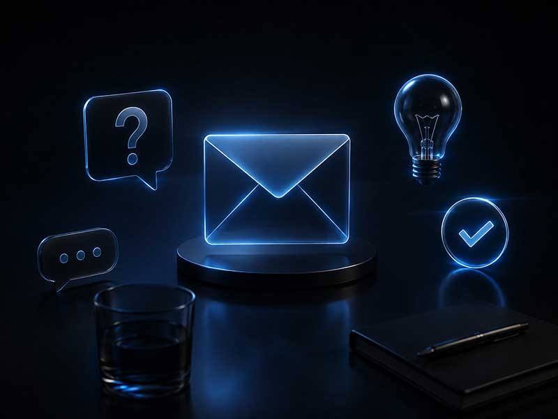 Glowing email surrounded by question, conversation, idea, and approval symbols.