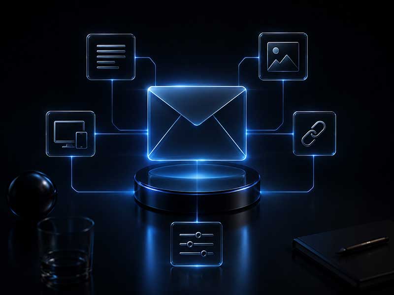 Email creative connected to copywriting, images, responsive HTML, links, and campaign production controls.