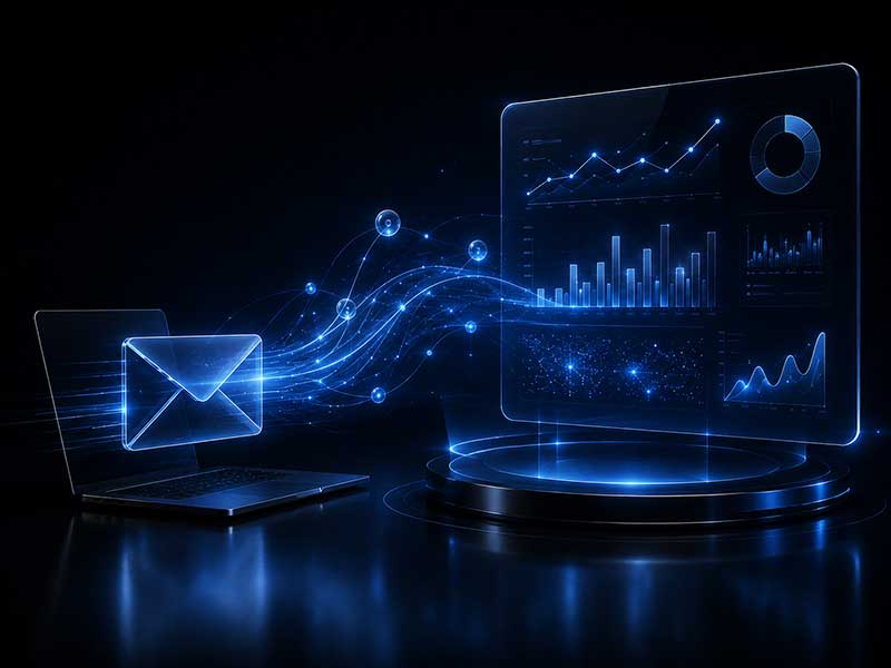 QSL2 campaign data flowing from a publisher-sent email into a real-time analytics dashboard.