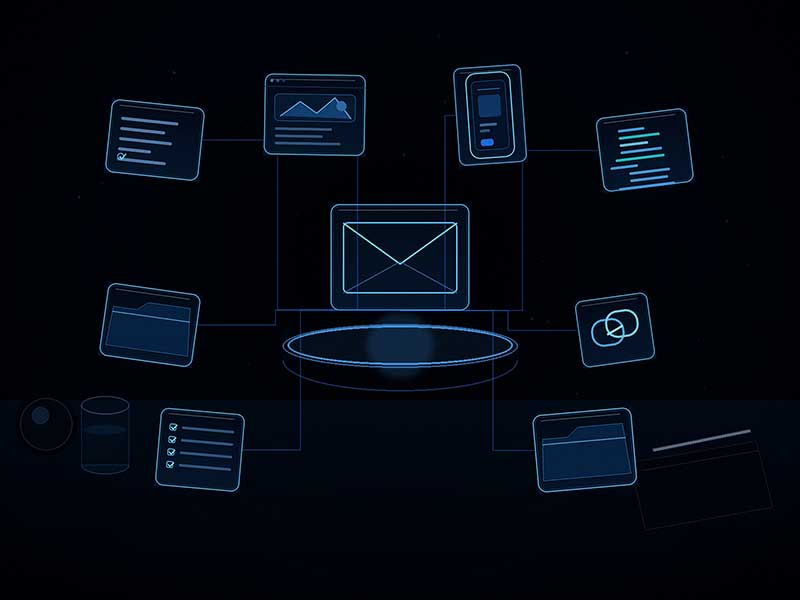 Email creative deliverables including copy, desktop and mobile design, responsive HTML, image assets, links, publisher specifications, and final files
