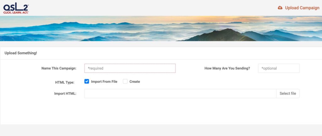 QSL2 campaign upload screen for importing finished email HTML
